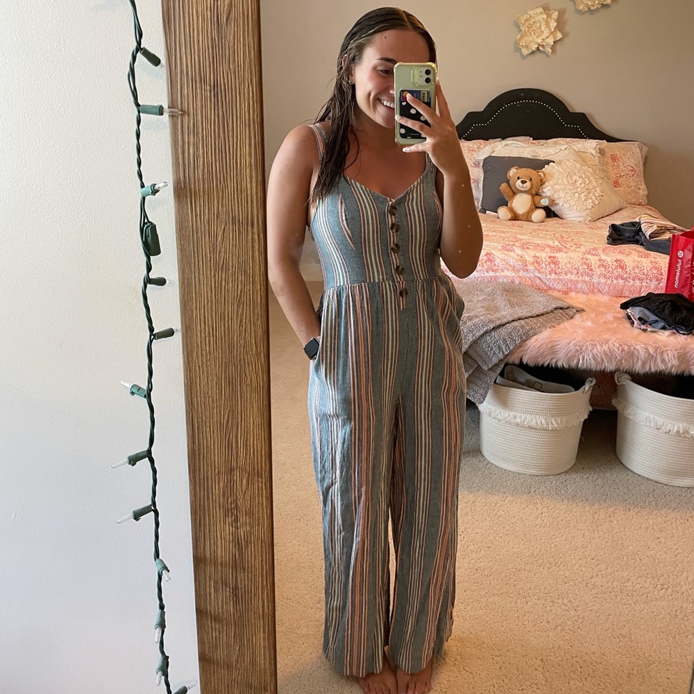 Striped Jumpsuit with Button Accent
